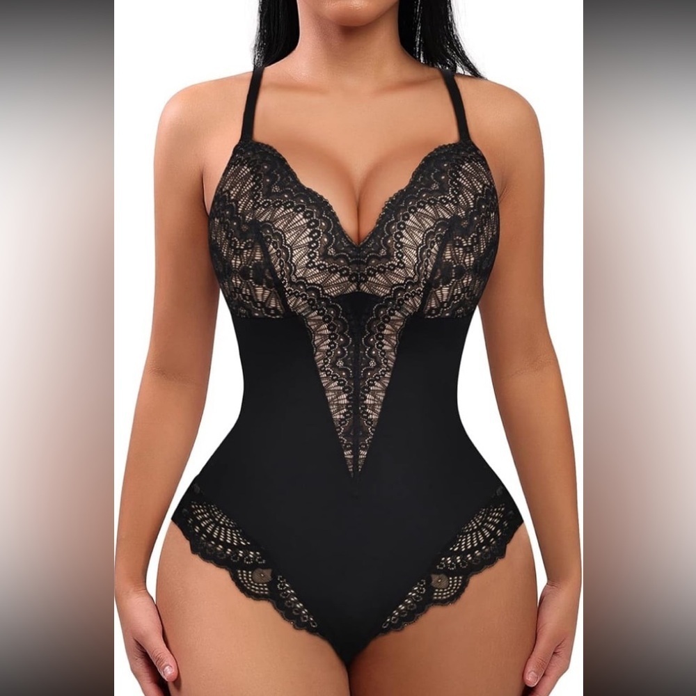FeelinGirl Lace Bodysuit Women Tummy Control V Neck Corset Shapewear NWT size M